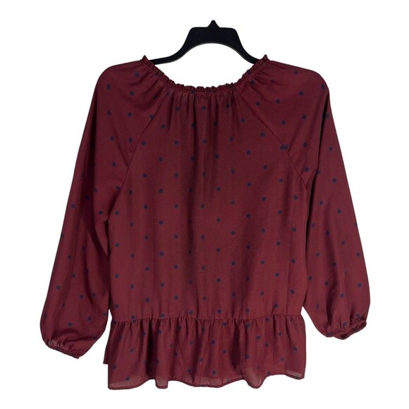 Old Navy XL Burgundy Long Sleeve Peplum Blouse Blue Polka Dots Drawstring Neck - Picture 3 of 6